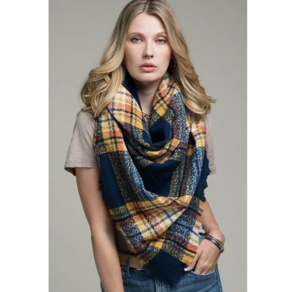 SOLD OUT Navy Glen Plaid Square Blanket Scarf - Picture 4 of 4